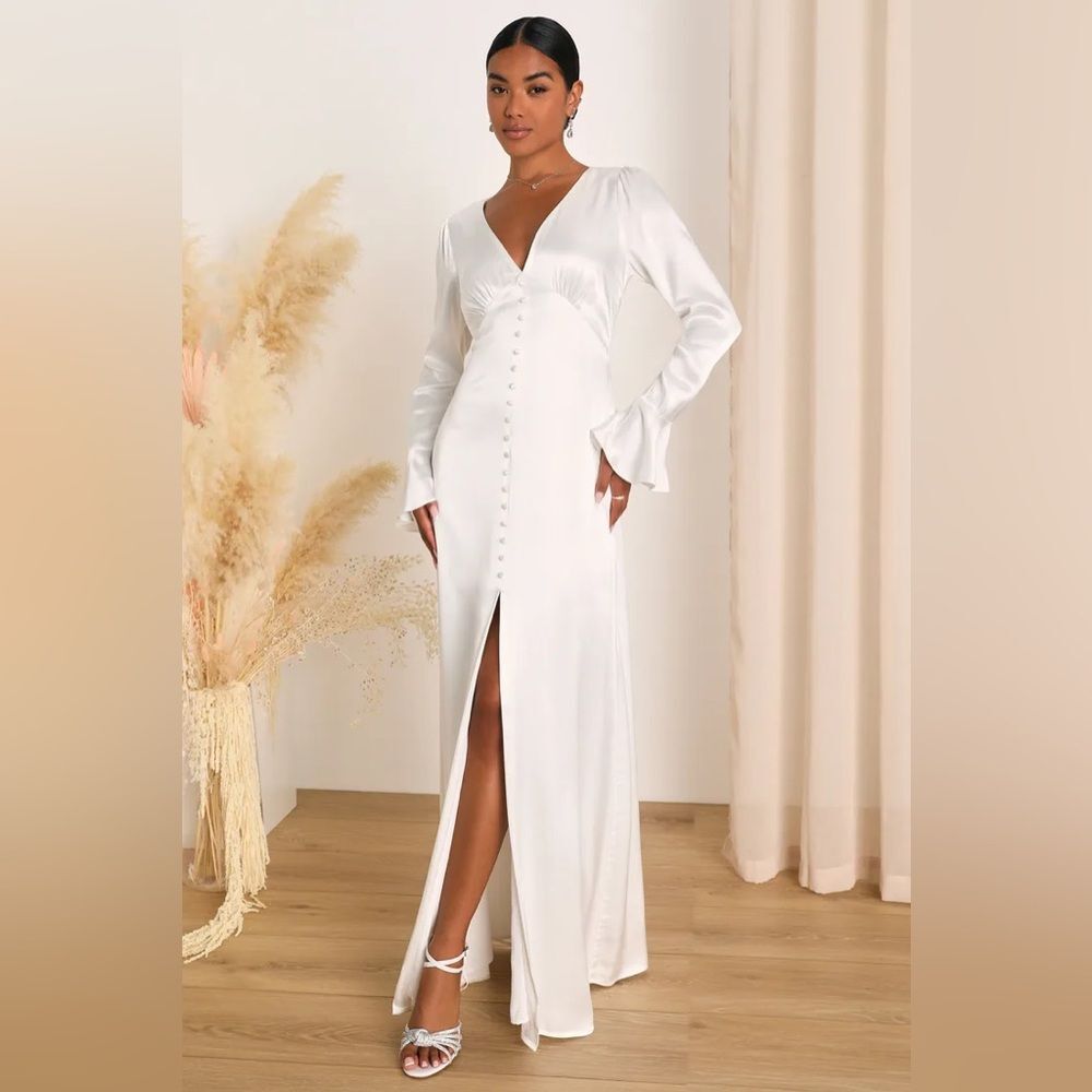 Lulus Elegant Celebration White Satin Long Sleeve Slip Maxi Dress